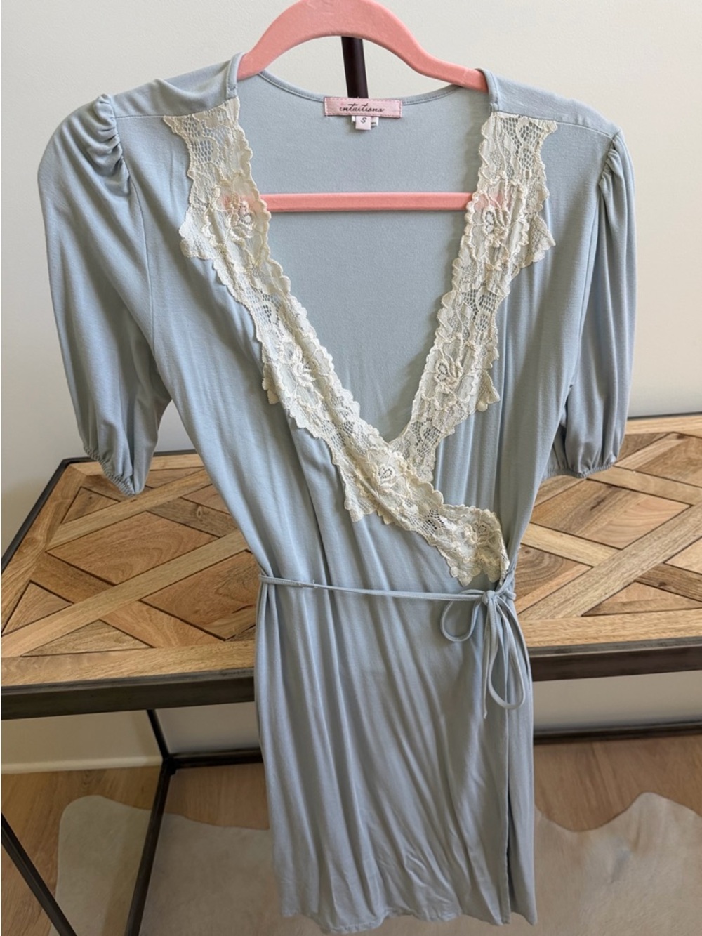 Light Blue Lace-Trim Wrap Dress